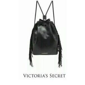 Victoria's Secret Backpack Black Fringe Faux Leather Drawstring Bag Purse NWT